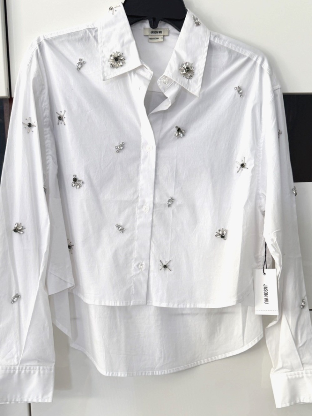 Jason Wu Crop White Shirt Button Down Hi-Lo Embellished Rhinestones Cotton Small